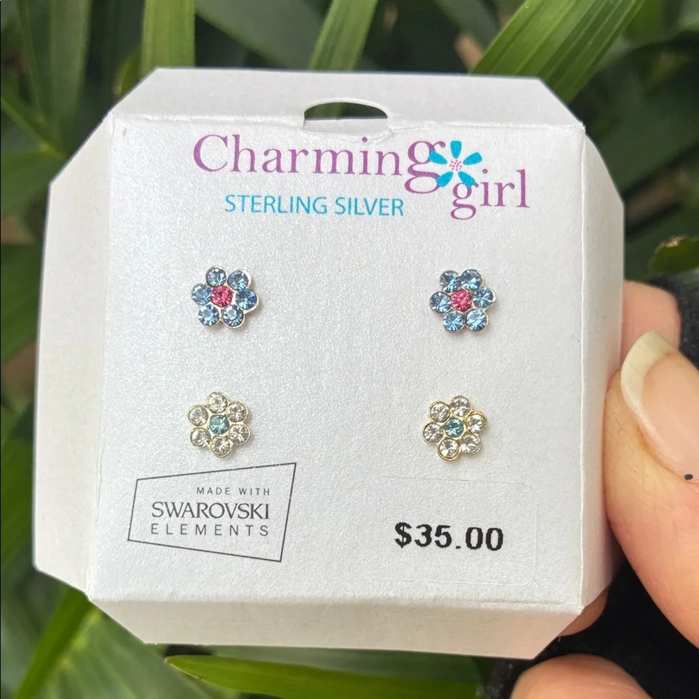 BOGO FREE- 2 Pairs Of Sterling Silver Flower Post Earrings w/ Swarovski Crystals
